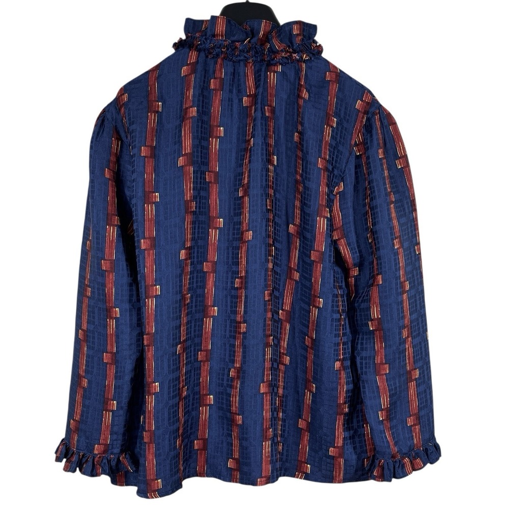 Warm by Tracy Feith 100% Silk Luxury Blouse Womens S Navy Blue Ruffle Top - Picture 2 of 9